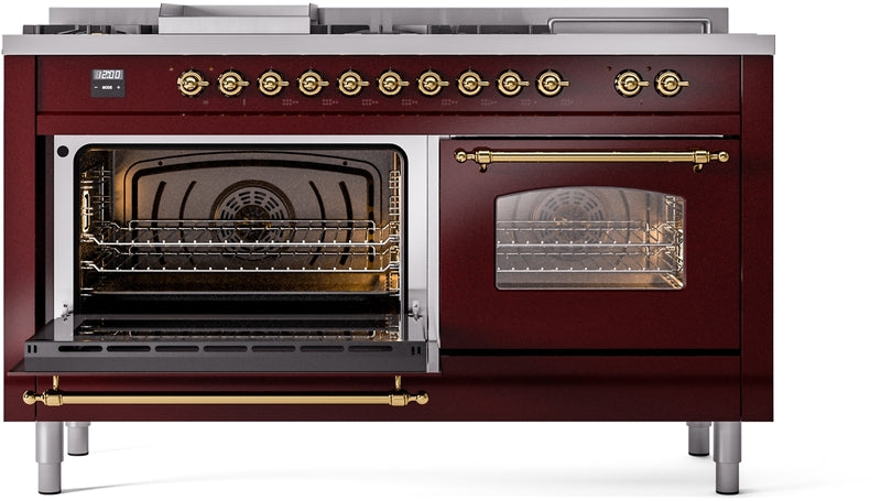 ILVE Nostalgie II 60" Dual Fuel Natural Gas Range in Burgundy with Brass Trim, UP60FSNMPBUG