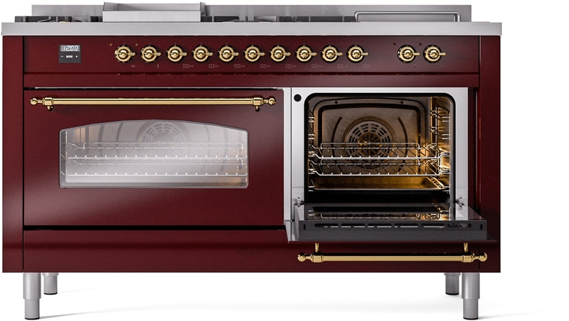 ILVE Nostalgie II 60" Dual Fuel Natural Gas Range in Burgundy with Brass Trim, UP60FSNMPBUG