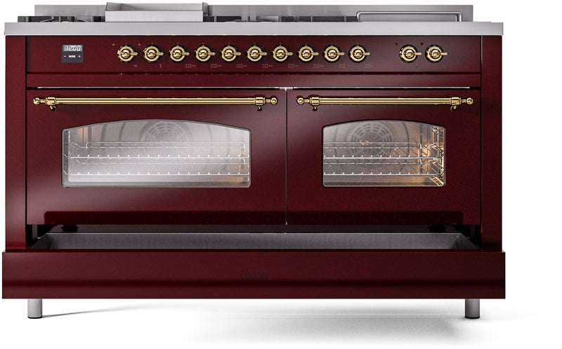 ILVE Nostalgie II 60" Dual Fuel Natural Gas Range in Burgundy with Brass Trim, UP60FSNMPBUG