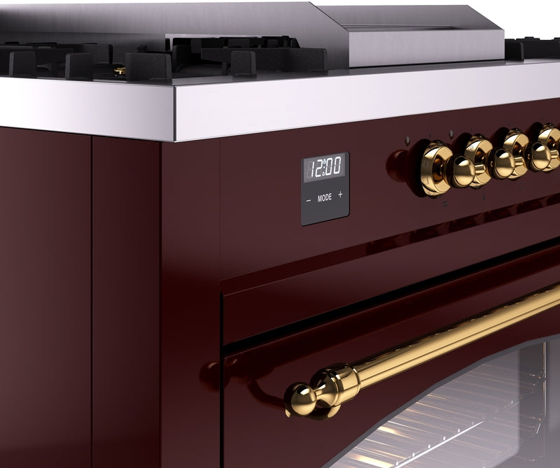 ILVE Nostalgie II 60" Dual Fuel Natural Gas Range in Burgundy with Brass Trim, UP60FSNMPBUG