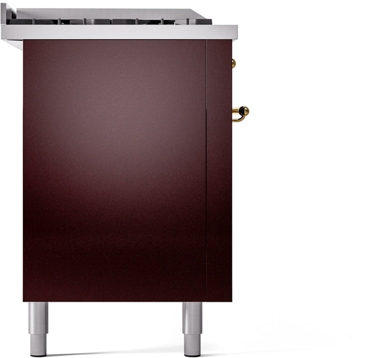 ILVE Nostalgie II 60" Dual Fuel Natural Gas Range in Burgundy with Brass Trim, UP60FSNMPBUG