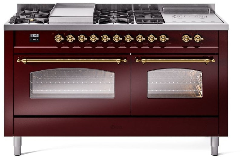 ILVE Nostalgie II 60" Dual Fuel Natural Gas Range in Burgundy with Brass Trim, UP60FSNMPBUG