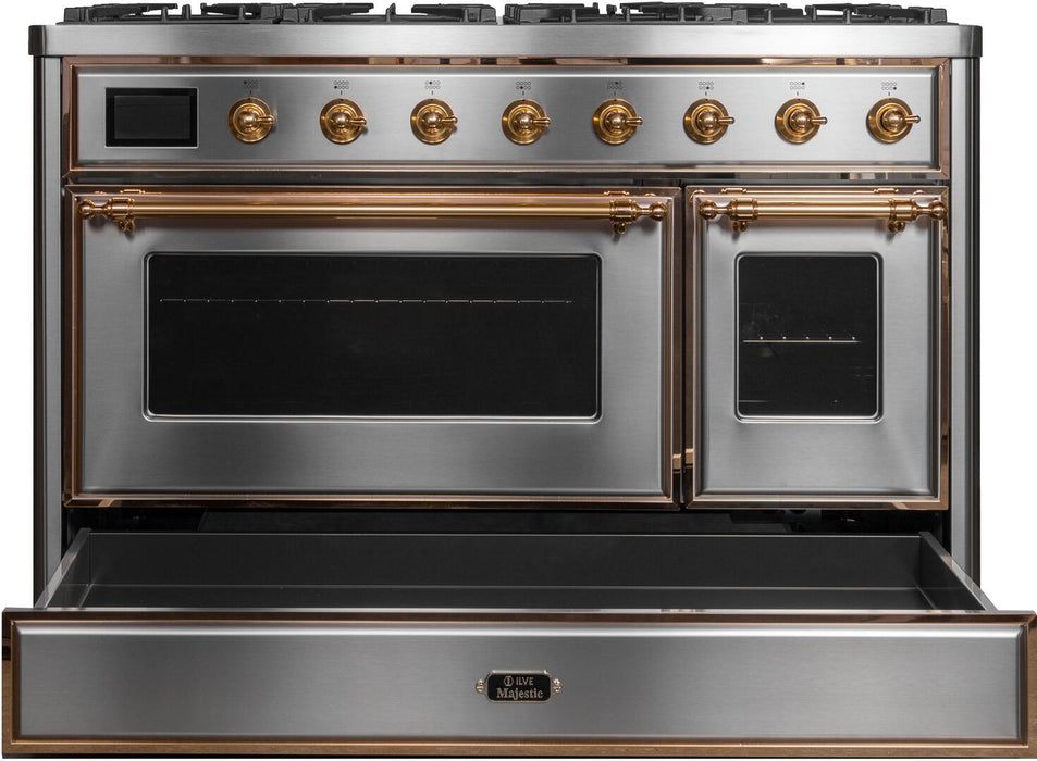 ILVE Majestic II 48" Dual Fuel Natural Gas Range in Stainless Steel with Brass Trim, UM12FDNS3SSG