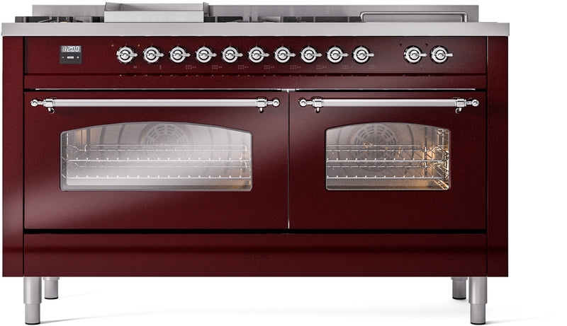 ILVE Nostalgie II 60" Dual Fuel Propane Gas Range in Burgundy with Chrome Trim, UP60FSNMPBUCLP