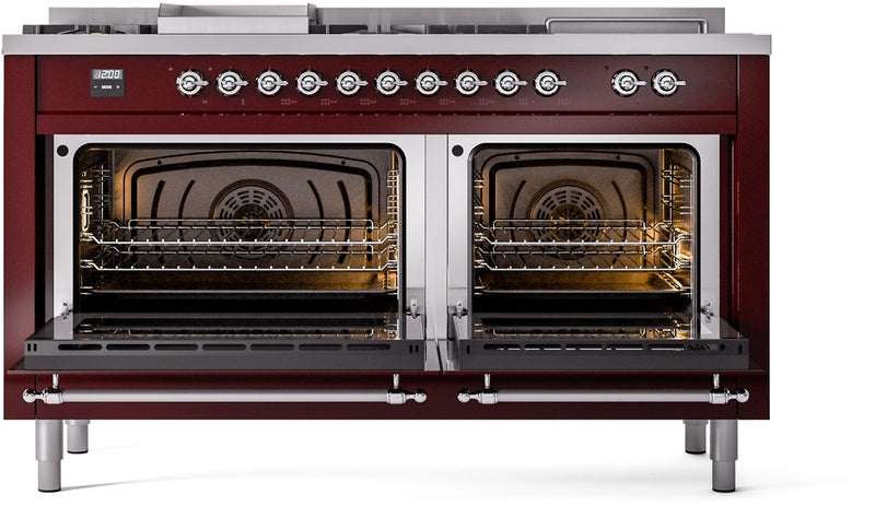 ILVE Nostalgie II 60" Dual Fuel Propane Gas Range in Burgundy with Chrome Trim, UP60FSNMPBUCLP