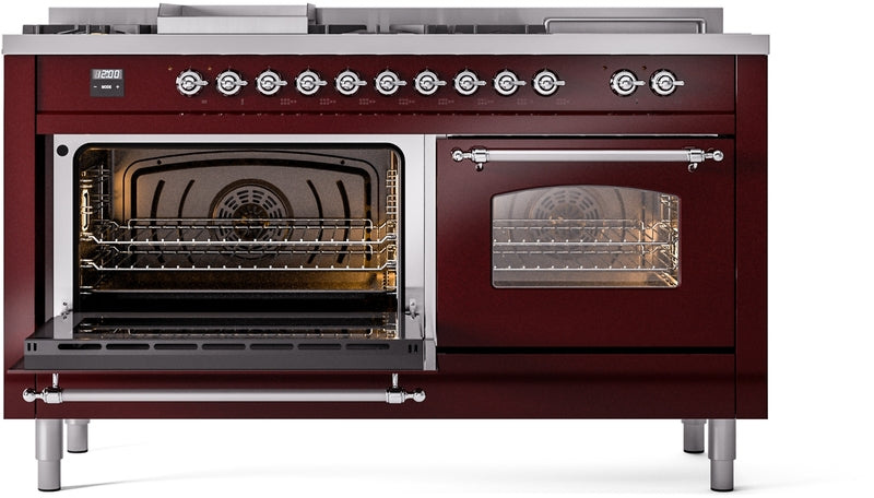 ILVE Nostalgie II 60" Dual Fuel Propane Gas Range in Burgundy with Chrome Trim, UP60FSNMPBUCLP