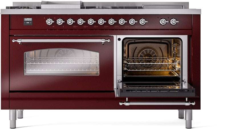 ILVE Nostalgie II 60" Dual Fuel Propane Gas Range in Burgundy with Chrome Trim, UP60FSNMPBUCLP