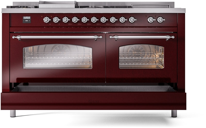 ILVE Nostalgie II 60" Dual Fuel Propane Gas Range in Burgundy with Chrome Trim, UP60FSNMPBUCLP