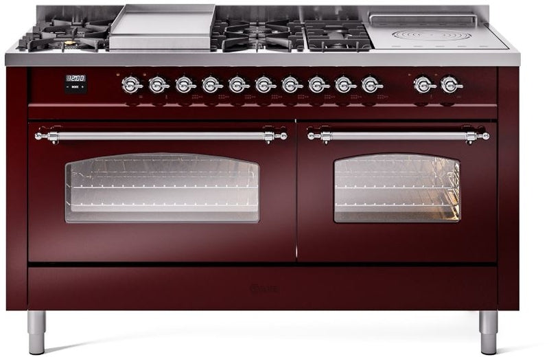 ILVE Nostalgie II 60" Dual Fuel Propane Gas Range in Burgundy with Chrome Trim, UP60FSNMPBUCLP