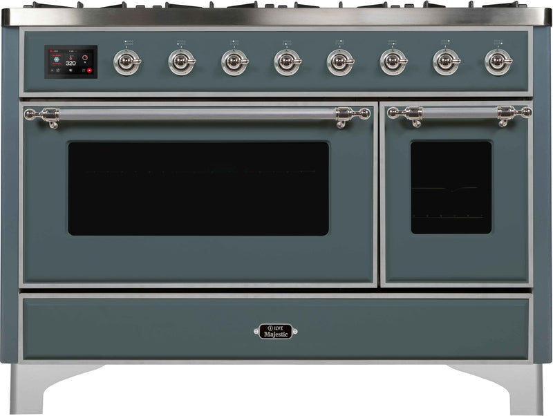 ILVE Majestic II 48" Dual Fuel Natural Gas Range in Blue Grey with Chrome Trim, UM12FDNS3BGC