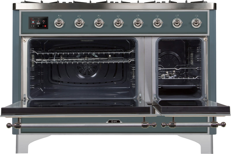 ILVE Majestic II 48" Dual Fuel Natural Gas Range in Blue Grey with Chrome Trim, UM12FDNS3BGC