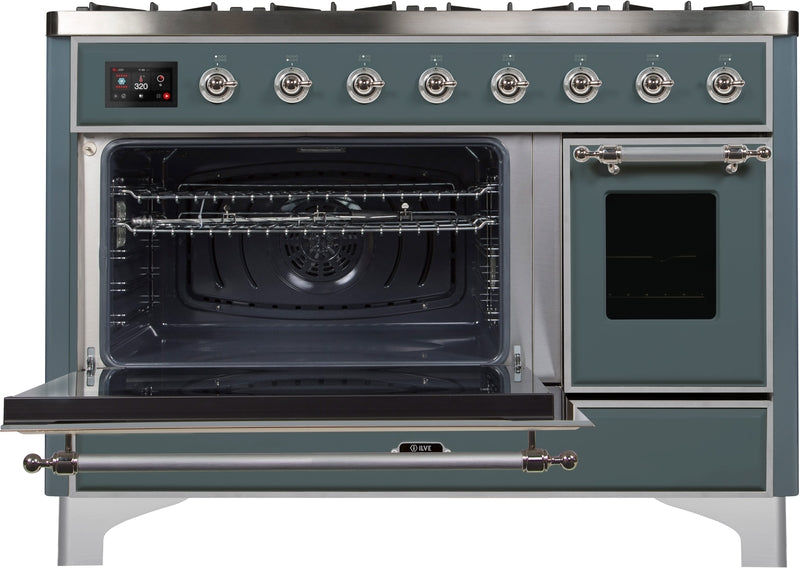 ILVE Majestic II 48" Dual Fuel Natural Gas Range in Blue Grey with Chrome Trim, UM12FDNS3BGC