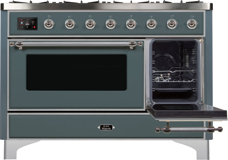 ILVE Majestic II 48" Dual Fuel Natural Gas Range in Blue Grey with Chrome Trim, UM12FDNS3BGC