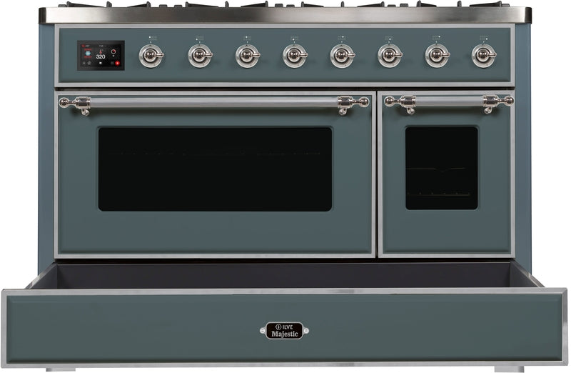 ILVE Majestic II 48" Dual Fuel Natural Gas Range in Blue Grey with Chrome Trim, UM12FDNS3BGC