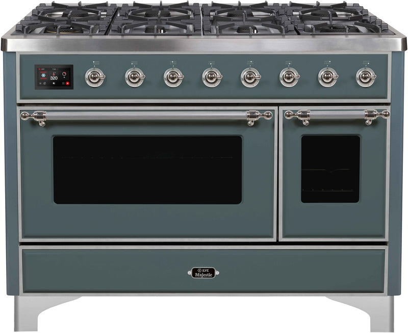 ILVE Majestic II 48" Dual Fuel Natural Gas Range in Blue Grey with Chrome Trim, UM12FDNS3BGC