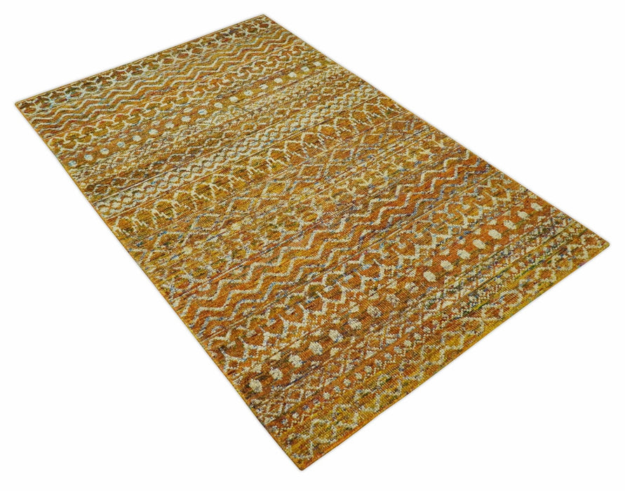 5.6x8.6 Hand Knotted Gold, Ivory and Rust Southwestern Tribal Trellis wool Area Rug