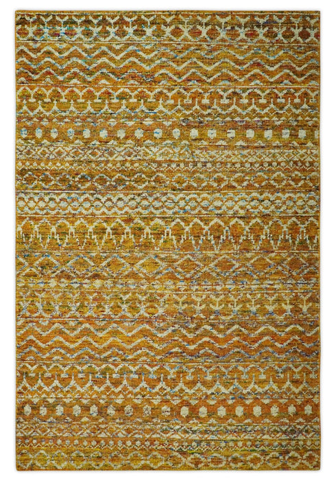 5.6x8.6 Hand Knotted Gold, Ivory and Rust Southwestern Tribal Trellis wool Area Rug