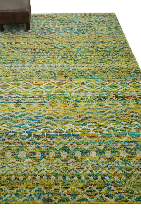 5.6x8.6 Hand Knotted Mustard, Teal and Ivory Southwestern Tribal Trellis wool Rug