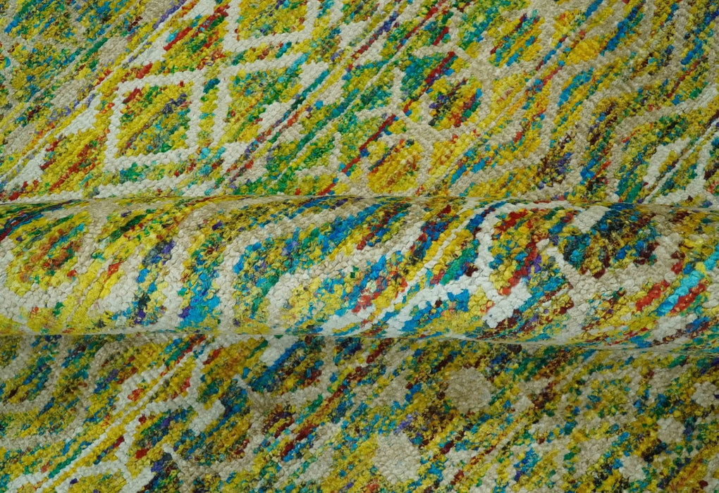 5.6x8.6 Hand Knotted Mustard, Teal and Ivory Southwestern Tribal Trellis wool Rug