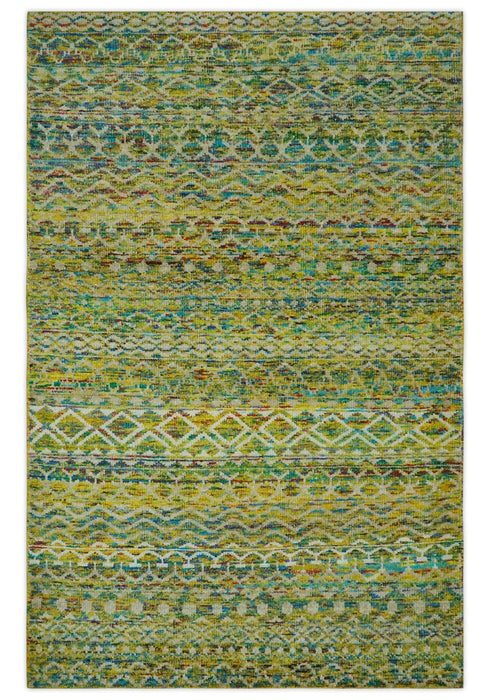 5.6x8.6 Hand Knotted Mustard, Teal and Ivory Southwestern Tribal Trellis wool Rug