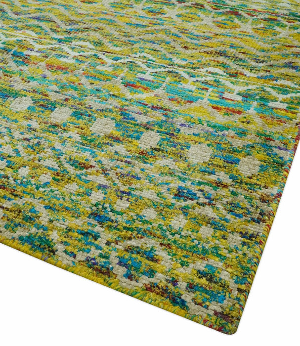 5.6x8.6 Hand Knotted Mustard, Teal and Ivory Southwestern Tribal Trellis wool Rug