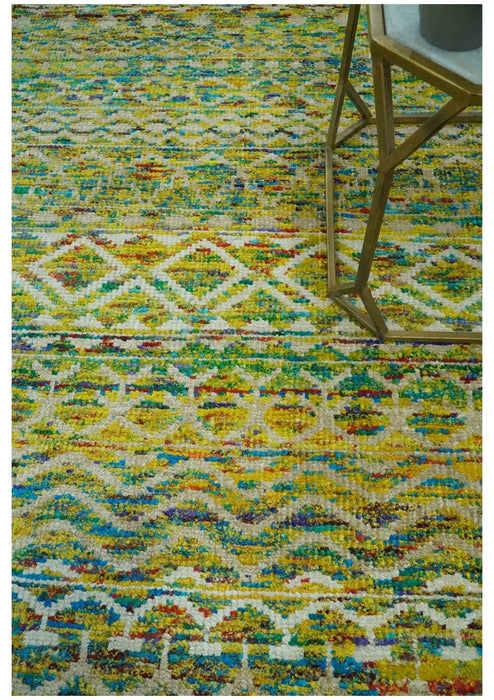 5.6x8.6 Hand Knotted Mustard, Teal and Ivory Southwestern Tribal Trellis wool Rug