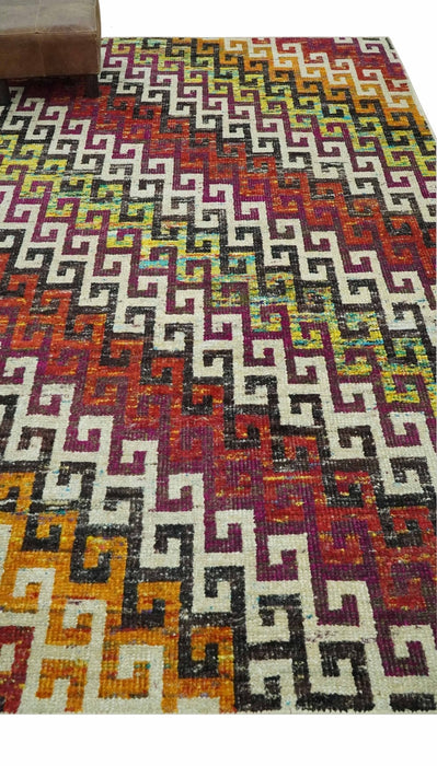 5.6x8.6 Ivory, Rust, Black and Mustard Greek key design Hand Knotted wool area rug