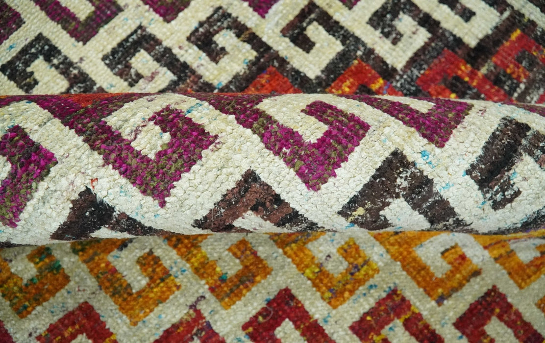 5.6x8.6 Ivory, Rust, Black and Mustard Greek key design Hand Knotted wool area rug