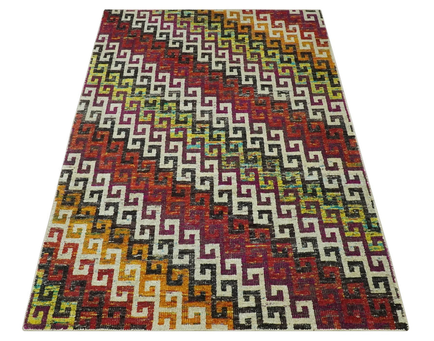 5.6x8.6 Ivory, Rust, Black and Mustard Greek key design Hand Knotted wool area rug