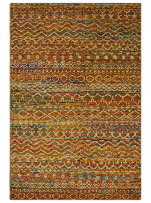 5.6x8.6 Hand Knotted Rust and Beige Modern Contemporary Southwestern Tribal Trellis Recycled wool Area Rug