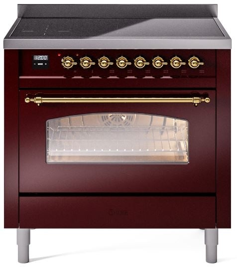 ILVE Nostalgie II 36" Induction Range with Element Stove and Electric Oven in Burgundy with Brass Trim, UPI366NMPBUG