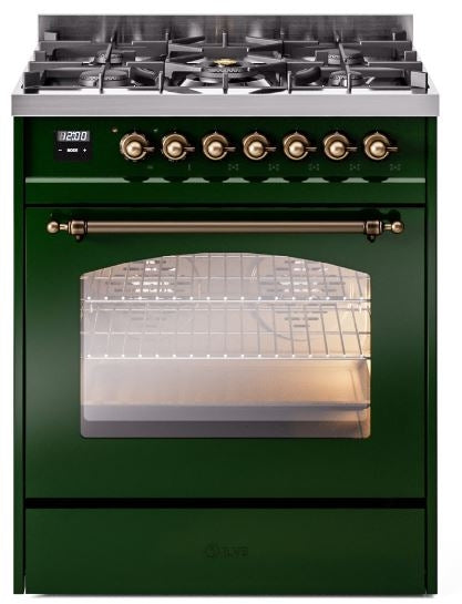 ILVE Nostalgie II 30" Dual Fuel Natural Gas Range in Emerald Green with Bronze Trim, UP30NMPEGB