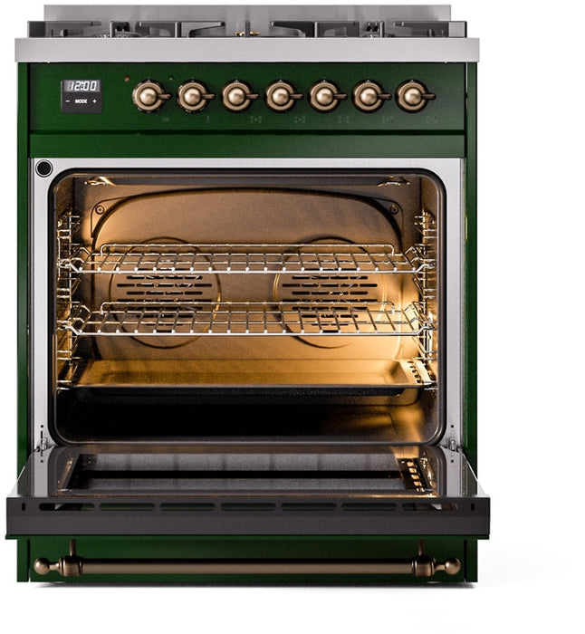 ILVE Nostalgie II 30" Dual Fuel Natural Gas Range in Emerald Green with Bronze Trim, UP30NMPEGB