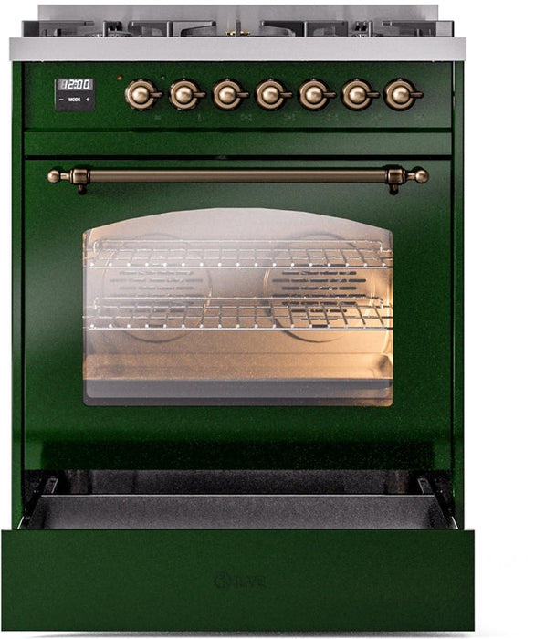 ILVE Nostalgie II 30" Dual Fuel Natural Gas Range in Emerald Green with Bronze Trim, UP30NMPEGB