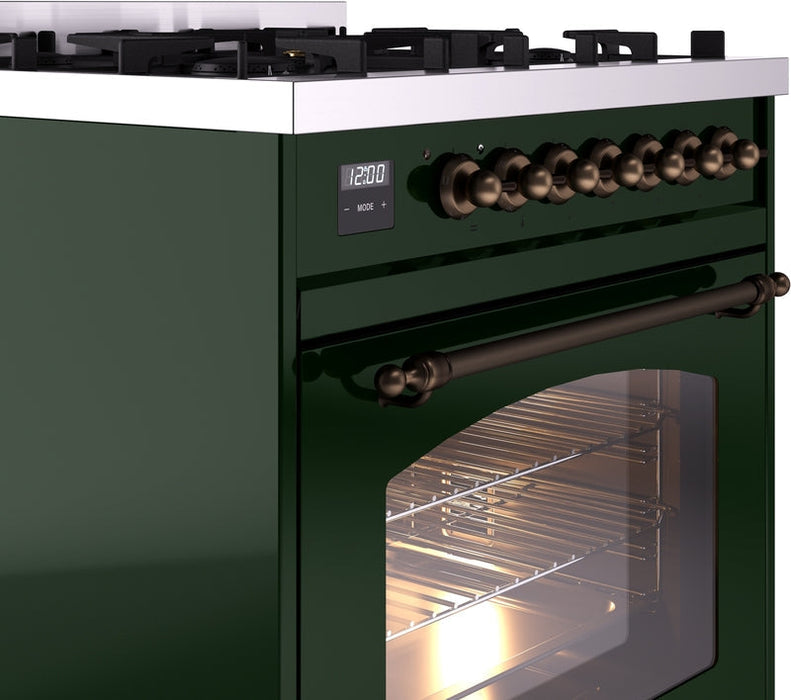 ILVE Nostalgie II 30" Dual Fuel Natural Gas Range in Emerald Green with Bronze Trim, UP30NMPEGB