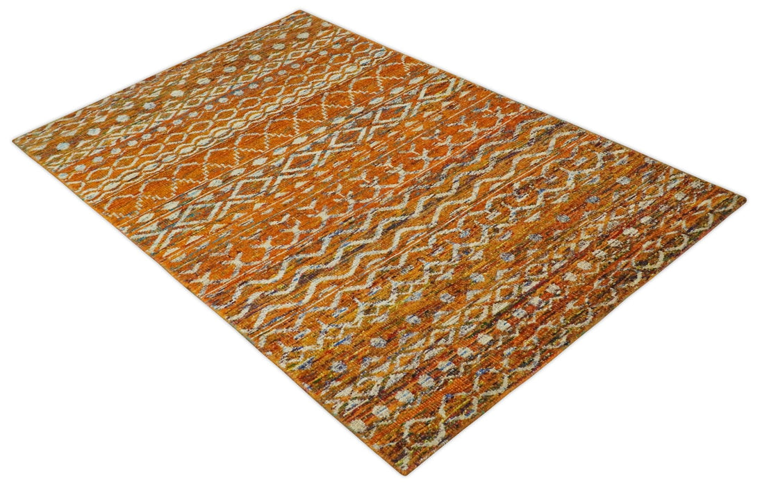 Hand Knotted Gold, Rust and Ivory Modern Contemporary Tribal Trellis Recycled Silk Area Rug