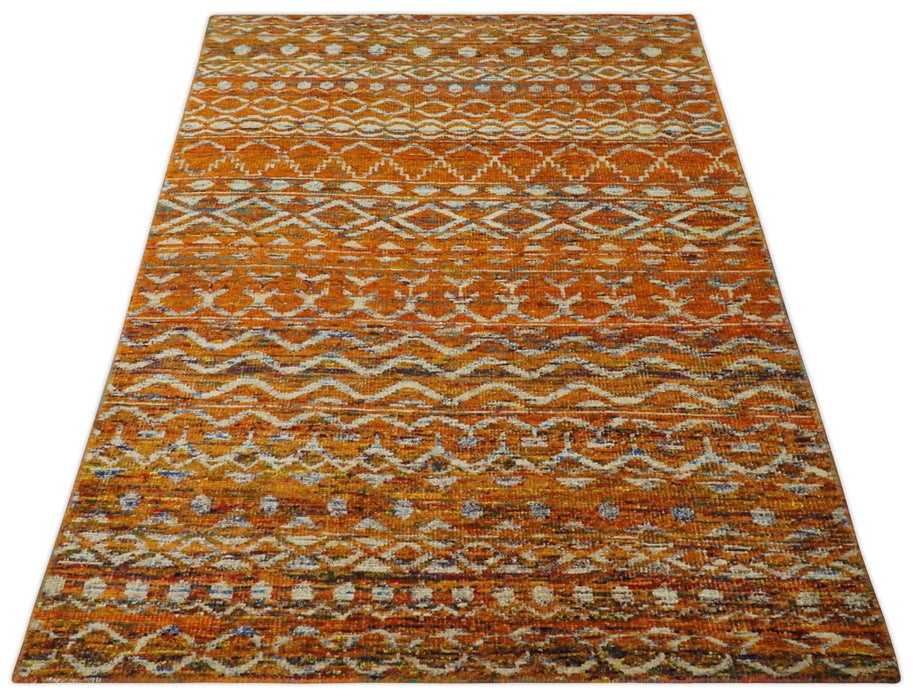 Hand Knotted Gold, Rust and Ivory Modern Contemporary Tribal Trellis Recycled Silk Area Rug