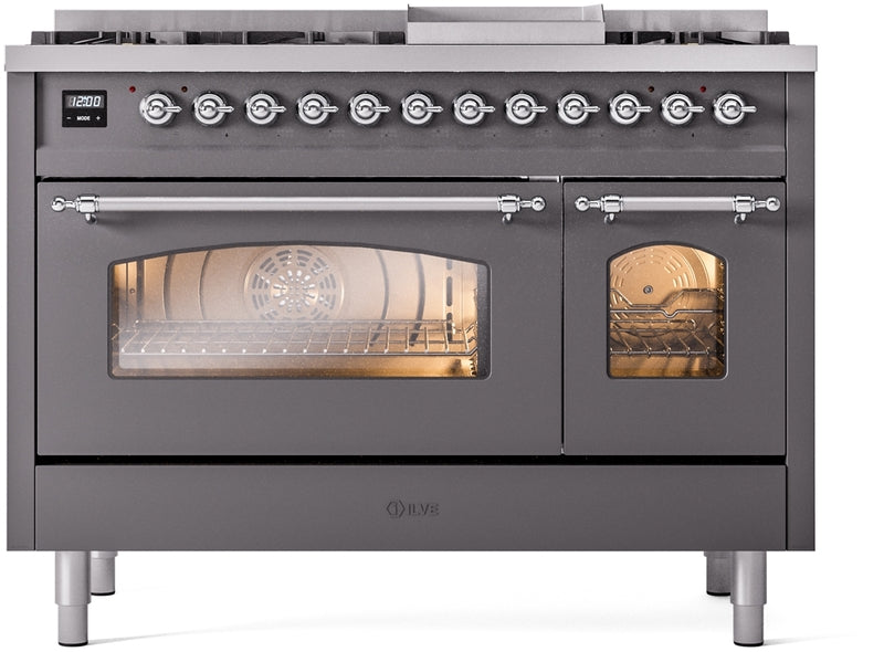 ILVE Nostalgie II 48" Dual Fuel Propane Gas Range in Matte Graphite with Chrome Trim, UP48FNMPMGCLP