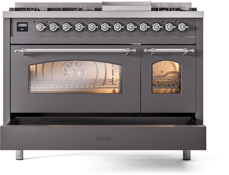 ILVE Nostalgie II 48" Dual Fuel Propane Gas Range in Matte Graphite with Chrome Trim, UP48FNMPMGCLP