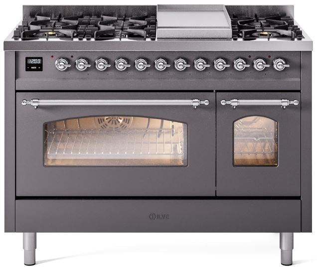 ILVE Nostalgie II 48" Dual Fuel Propane Gas Range in Matte Graphite with Chrome Trim, UP48FNMPMGCLP