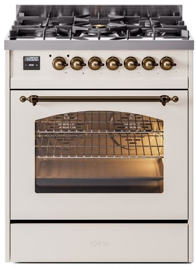 ILVE Nostalgie II 30" Dual Fuel Natural Gas Range in Antique White with Bronze Trim, UP30NMPAWB