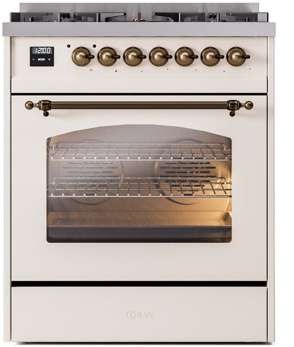 ILVE Nostalgie II 30" Dual Fuel Natural Gas Range in Antique White with Bronze Trim, UP30NMPAWB