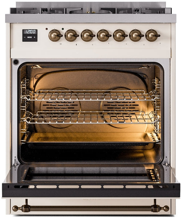 ILVE Nostalgie II 30" Dual Fuel Natural Gas Range in Antique White with Bronze Trim, UP30NMPAWB