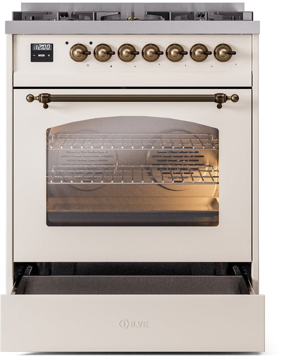 ILVE Nostalgie II 30" Dual Fuel Natural Gas Range in Antique White with Bronze Trim, UP30NMPAWB