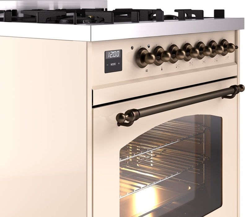 ILVE Nostalgie II 30" Dual Fuel Natural Gas Range in Antique White with Bronze Trim, UP30NMPAWB