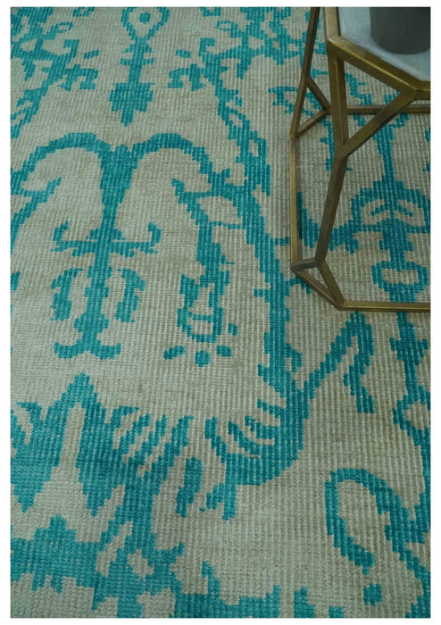 5.8x8 Teal and Beige Hand Knotted Traditional large Design viscoseArea Rug