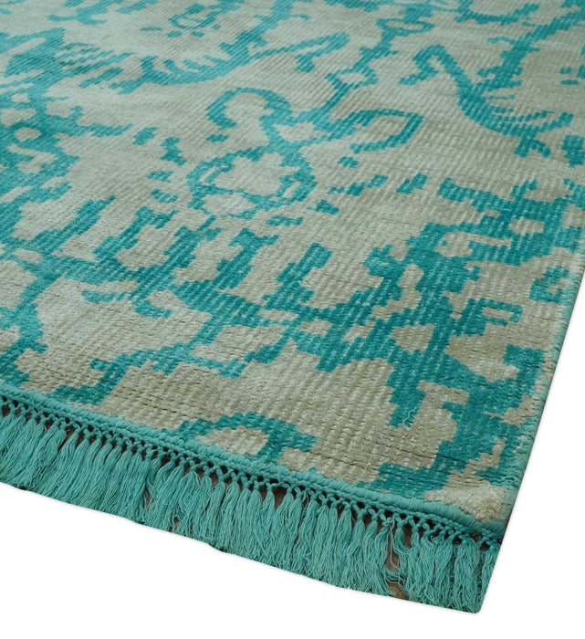 5.8x8 Teal and Beige Hand Knotted Traditional large Design viscoseArea Rug