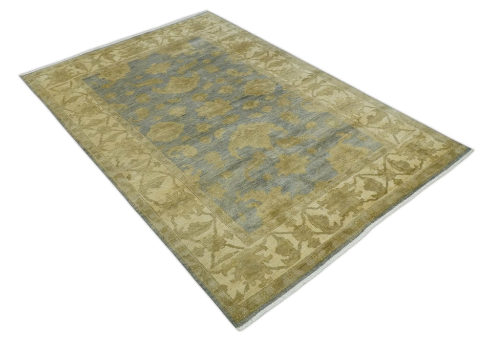 5.9x8.4 Hand Knotted Gray and Beige Traditional Oushak Wool Area Rug