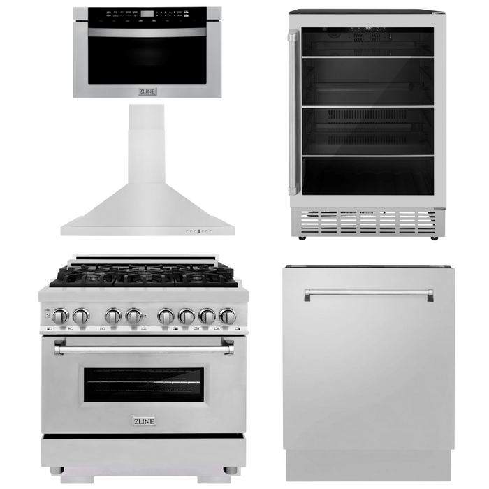 ZLINE Appliance Package - 36" Dual Fuel Range, Range Hood, Microwave Drawer, Dishwasher and Beverage Fridge, 5KP-RARH36-MWDWV-RBV