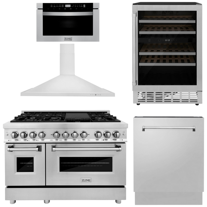 ZLINE Appliance Package - 48" Dual Fuel Range, Range Hood, Microwave Drawer, Dishwasher and Wine Cooler, 5KP-RARH48-MWDWV-RWV